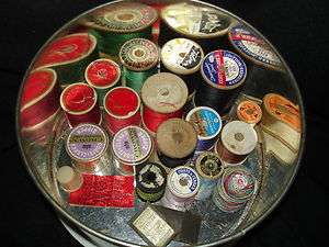 Vtg Sewing Tin with Wooden Thread Spools Thimble More  