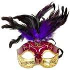   costume mask dramatic deep purple feathers frame the face of this