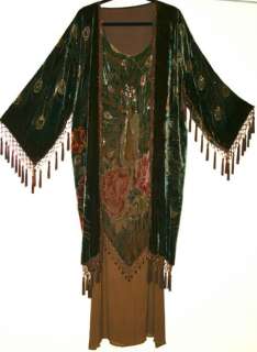 Peacock Duster Kimono Opera Coat Beaded Silk Burnout Velvet Brown 