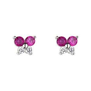 925 Sterling Silver Rhodium Plated Light Red Flower CZ Stud Earrings 