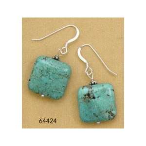  Square Turquoise Bead Sterling Silver French Wire Earrings 