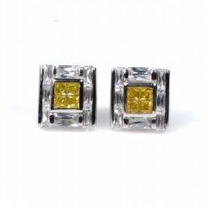   Earrings with Yellow Topaz and Clear CZ   Square   12 x 12 mm Jewelry