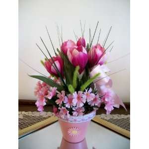  Pink Crocus and Dianthus in Pink Clay Pot