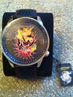 Ed Hardy Mens Watch NWTGold & Leather Skull  