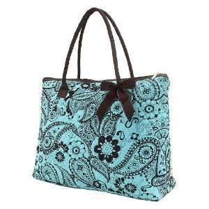 Large Quilted Paisley & Floral Print Tote Bag   Turquoise Blue & Brown 