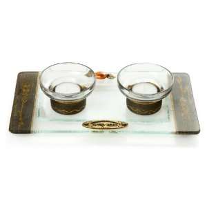 Short Glass Shabbat Candlesticks with Golden Decoration and Tray 