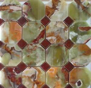 Multi GREEN ONYX Octagon with Reddot Mosaic Tile Meshed 12x12 