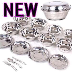 NEW 15P Stainless Steel Bowl Set Folding Fork Camping  