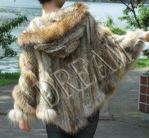 Hooded Genuine Real Raccoon Rabbit fur cape scarf Poncho Black Brown 