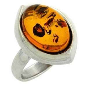   Silver Oval Genuine Honey Brown Amber Stone Leaf Ring Jewelry