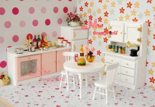 12 Dollhouse Miniature Wood Pink White Kitchen Dinning Room Set 7PCS