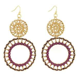   Gold Tone Drop Earring with Purple Stones and Brown Fabric Details