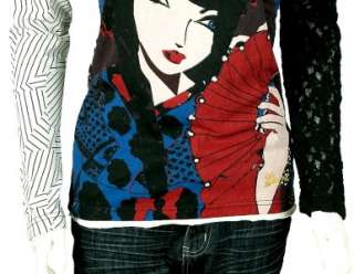 NEW $98 Desigual Printed Lace T shirt Long Sleeve Tunic Top Extra 
