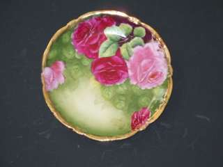   Pink Roses Plate Scalloped Gold Trimmed Edge Green Back Stamp  
