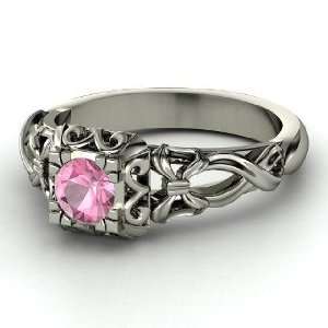   Ribbon Lace Ring, Round Pink Tourmaline 14K White Gold Ring Jewelry