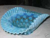 VINTAGE SEA BLUE FENTON OPALESCENT ART GLASS CANDY COIN DOT SPOT TABLE 