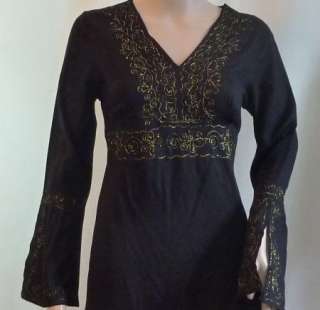 NWT Black w/ Gold Embroidery Long Bell Sleeve Swimsuit Cover up Sz M $ 