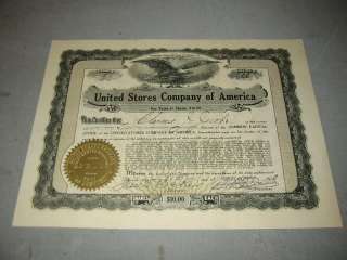 Old 1913 United Stores Co of America Stock Certificate  