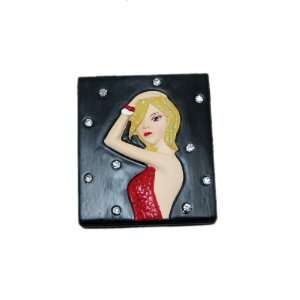   Rhinestone Compact Double Mirror Blonde Girl in Red Dress Beauty