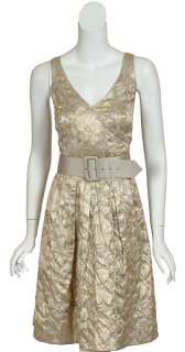   fitted belted bodice with pleated skirt and back zipper closure gold