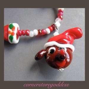 Christmas Lampwork Santa Dachshund Puppy Dog Necklace  