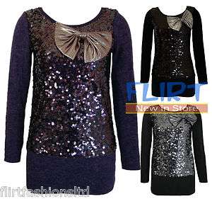 Womans Knitted Sequin Dress Ladies Bow Baggy Top Warm Tunic Long 