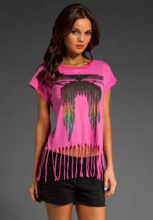 WILDFOX COUTURE Hawk Feather Fringe Tee in Magenta  