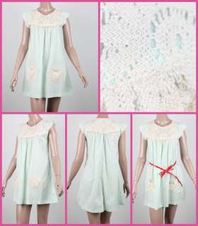 Cute Boxy Lace Pocket Lace Trim Cotton Dress Sz M~L  