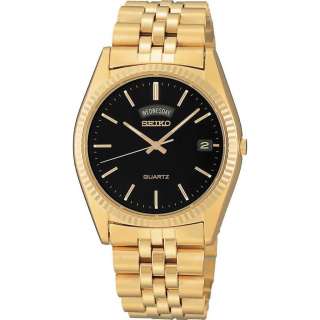 NEW SEIKO SGF212 MENS GOLD TONE BLACK DIAL WITH DAY/DATE QUARTZ WATCH 