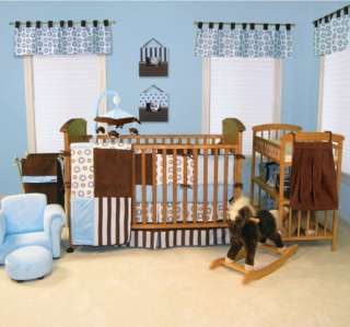 New Blue & Brown Nursery Bedding Set Crib Bumpers Sheet & Quilt Velour 