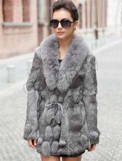 100% Real Genuine Rabbit Fur Fox Collar Long Coat Jacket Outwear 
