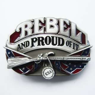 CSA Confederate Flag REBEL and PROUD OF IT Belt Buckle south rifle 