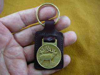   Medallion LEATHER KEYCHAIN key chain RING Elk Wapiti buck deer  