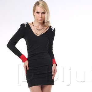 doublju1 Womens Beads Longsleeve mini Dress BLACK (DW6  