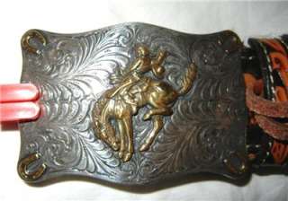   by BRIGHTON Hand Tooled Leather & Bucking Horse Buckle Belt 34  