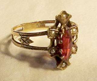 Antique Victorian 10 K Gold ring red stone & pearls size 8 NICE  