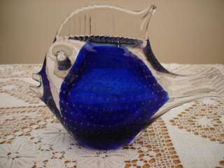 Murano Controlled Bubble Cobalt Blue Fish Paperweight  