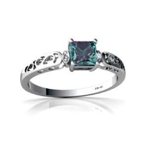   White Gold Square Created Alexandrite Filligree Ring Size 4.5 Jewelry