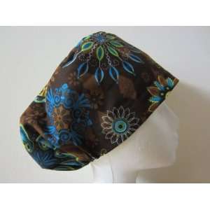 Womens Close Fit Scrub Cap, Adjustable, Blue & Green Flowers on Brown