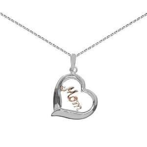 Sterling Silver and Rose Gold over Silver 12mm Heart MOM Pendant on 16 