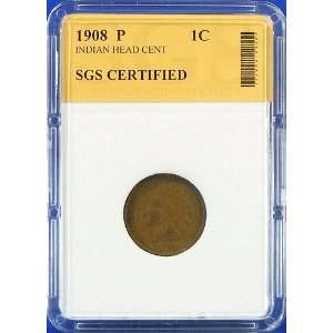  1908 P Indian Head Cent Certified Authentic by SGS 