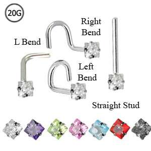 Surgical Steel Nose Stud Screw Ring 2mm Square CZ 20G  