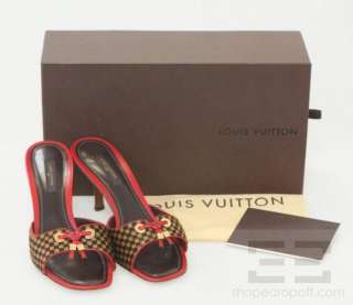 Louis Vuitton Damier Ebene Pony Hair & Red Leather Slide Heels Size 38 