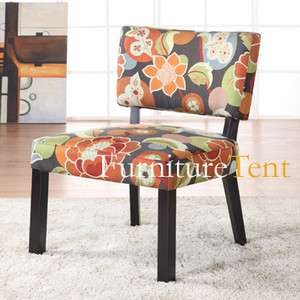   Bright Floral Print Accent Chair wood armless design chunky legs