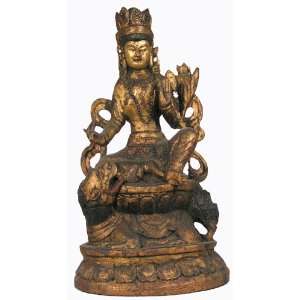  Tibetan Wood Statue Green Tara on Lion Throne Everything 