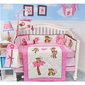 Pink Monkey Party Baby Crib Nursery Bedding Set 10pcs  