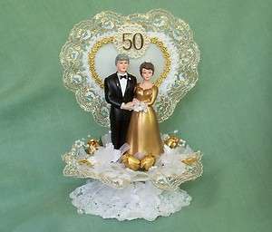 50th Wedding Anniversary Cake Topper w/Bride & Groom & Gold Lace Heart 