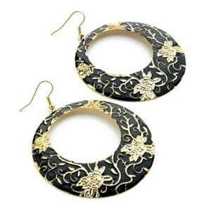  Large Floral Enamel Hoop Earrings (Black & Gold)   6cm 
