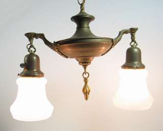 Antique Art Deco Brass Ceiling Light Hanging Lamp Fixture Glass Shade 