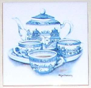 Tea Pot Ceramic Tile Mural Blue Willow Accent Tiles 4.25 Cup Saucer 